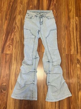 SHEIN Pale Blue High-Rise Flare Jeans with Paneled Seams